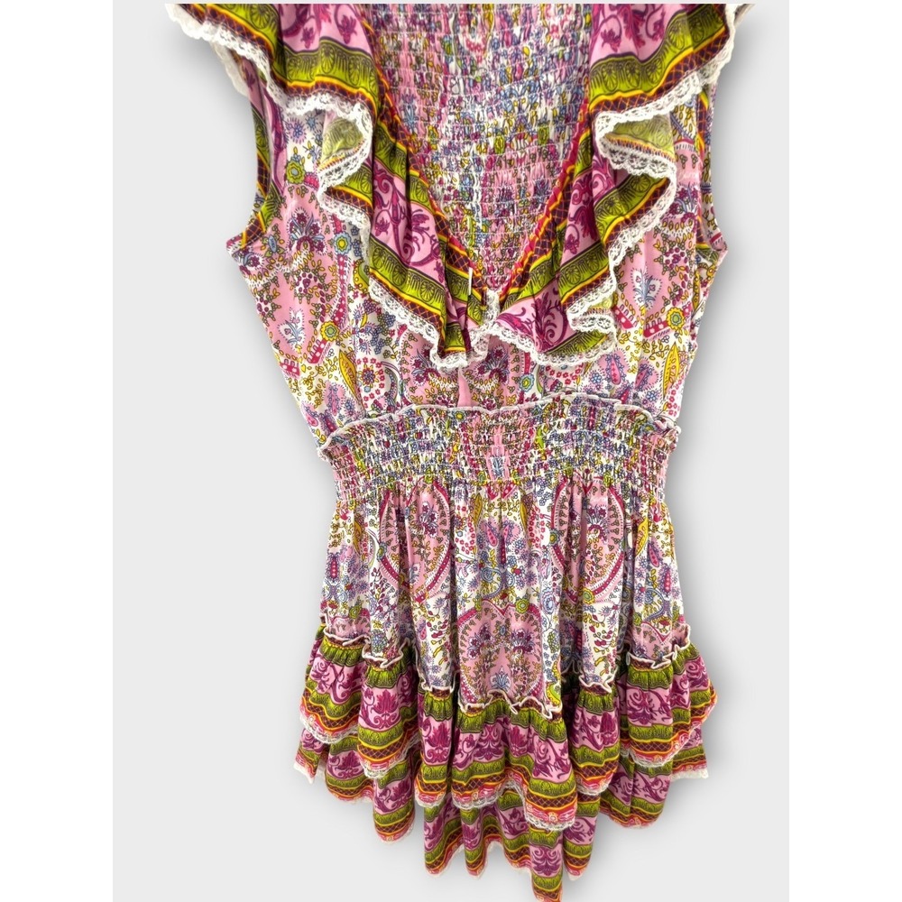 Anthropologie Barok Paris Dress S Pink Paisley Boho Peasant Smocked Ruffle Min - Picture 7 of 12